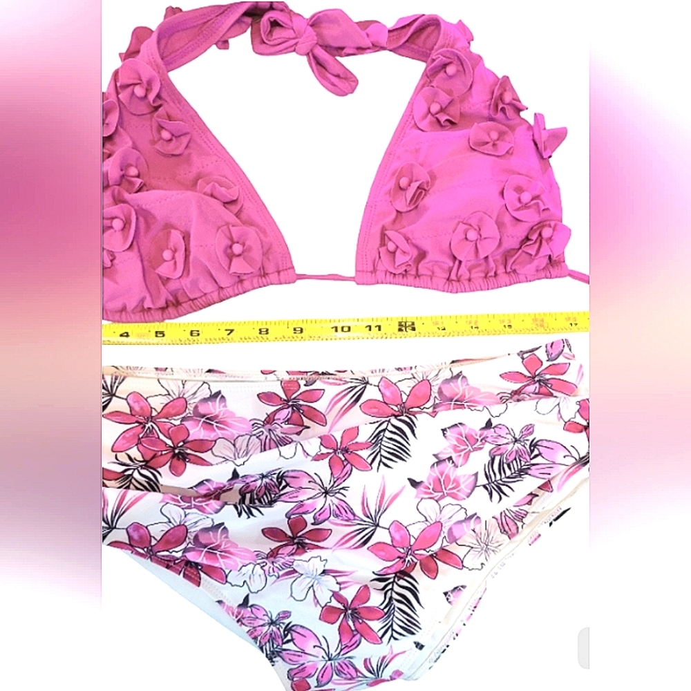Pink Floral Bikini Set Swim Suit High Waist Ruched Design - Picture 10 of 11